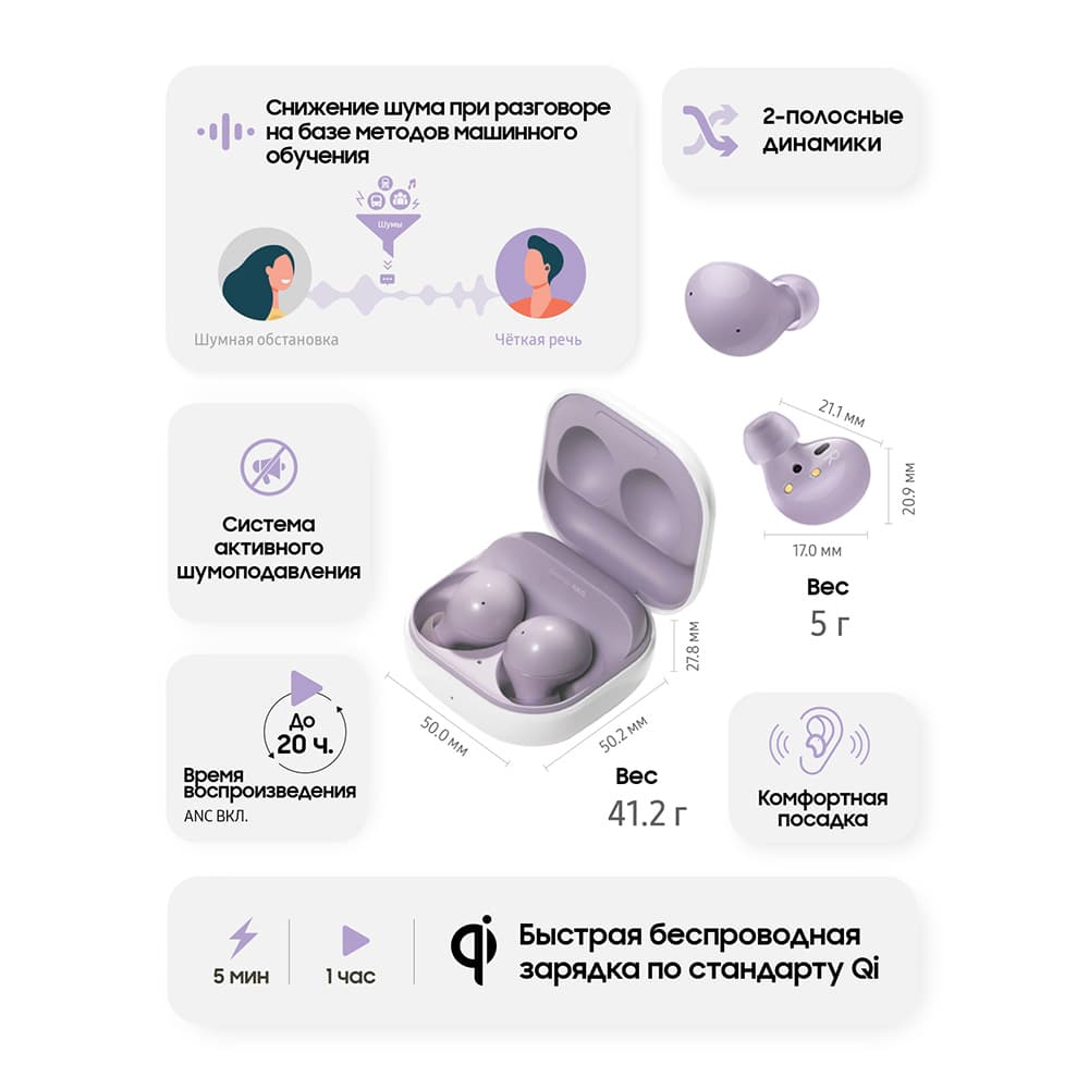 Беспроводные наушники Samsung_ Galaxy Buds2, фиолетовый (GLOBAL)— фото №2